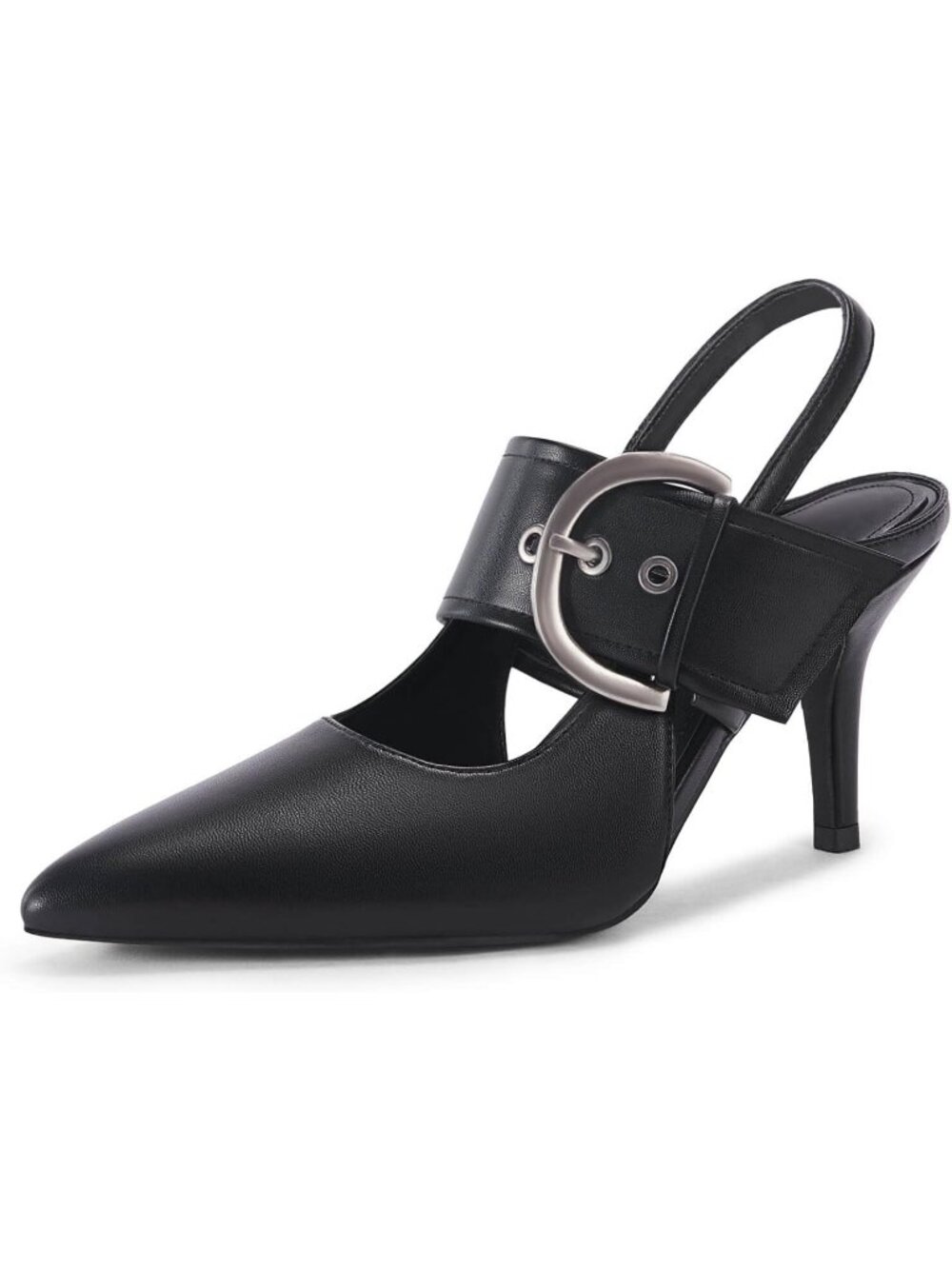 Women's Black Slingback High Heels Closed Pointed Toe Belt Buckle Strap Shoes